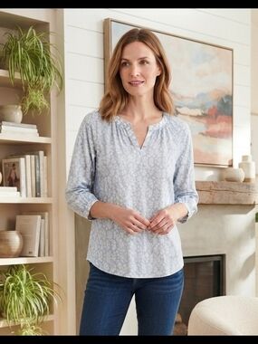Pure Jill Women's Light Blue Floral Split-Neck Tunic Blouse